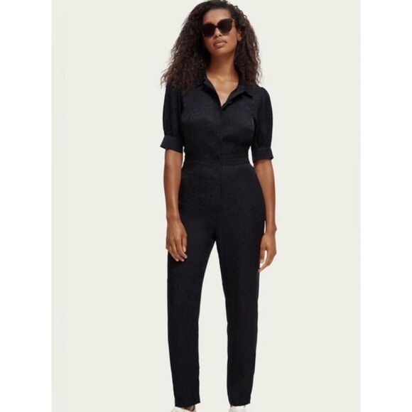 NWOT Scotch & Soda Black Floral Print Jacquard Utility Jumpsuit Size Small - Picture 1 of 8